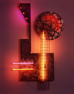"Skyscraper Totem," featured in this virtual neon art gallery, displaying the neon sculpture and neon art installations, including modern and contemporary art work as well as a line of neon clocks and wall sconces