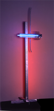 "Blue/Red Cross," featured in this virtual neon art gallery, displaying the neon sculpture and neon art installations, including modern and contemporary art work as well as a line of neon clocks and wall sconces