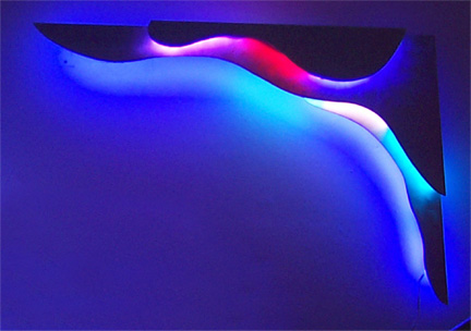 "Corner Work I," featured in this virtual neon art gallery, displaying the neon sculpture and neon art installations, including modern and contemporary art work as well as a line of neon clocks and wall sconces