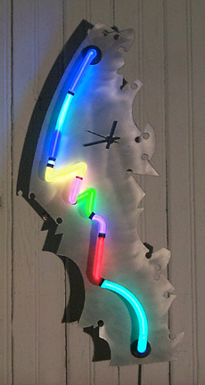 "Whimsy Clock, featured in this virtual neon art gallery, displaying the neon sculpture and neon art installations, including modern and contemporary art work as well as a line of neon clocks and wall sconces
