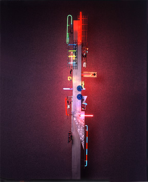 Grand Totem, neon sculpture and neon art installations by artist Ehlenberger including modern and contemporary artwork, sconces and neon clocks