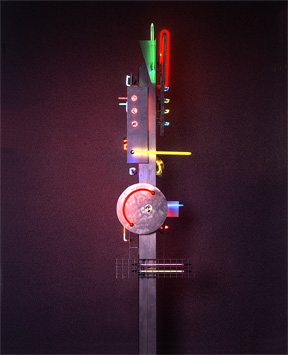 Grand Totem, neon sculpture and neon art installations by artist Ehlenberger including modern and contemporary artwork, sconces and neon clocks