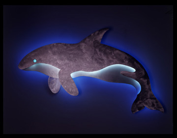 "Orca", marine art, neon sculpture daylight view