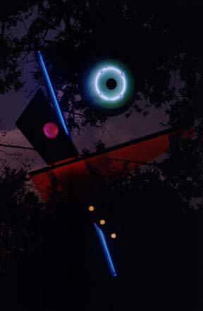 Celebration I at dusk, exhibited in this virtual neon art gallery exhibition of neon sculpture and neon art installations